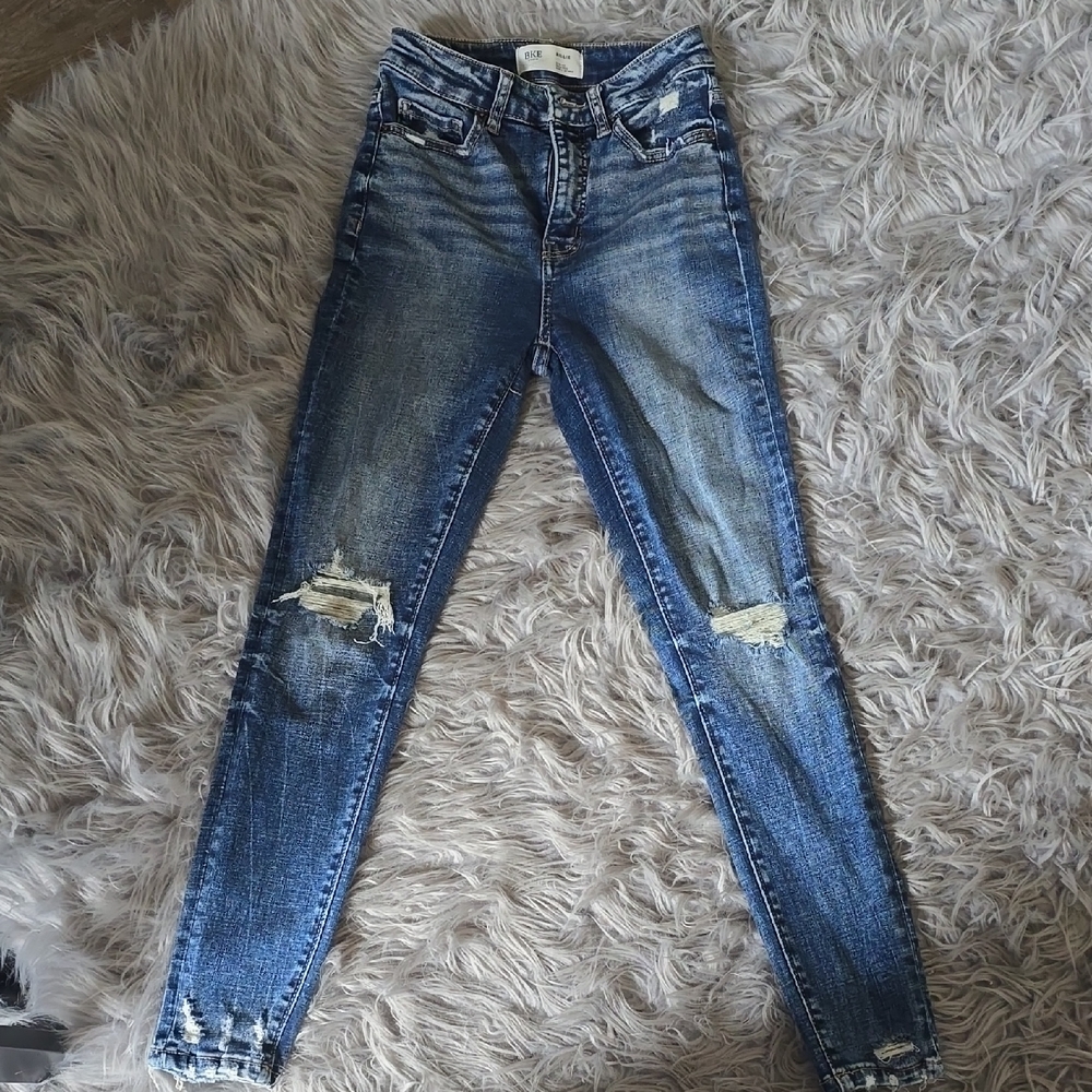 BKE Women's Distressed Dark Blue Skinny Jeans